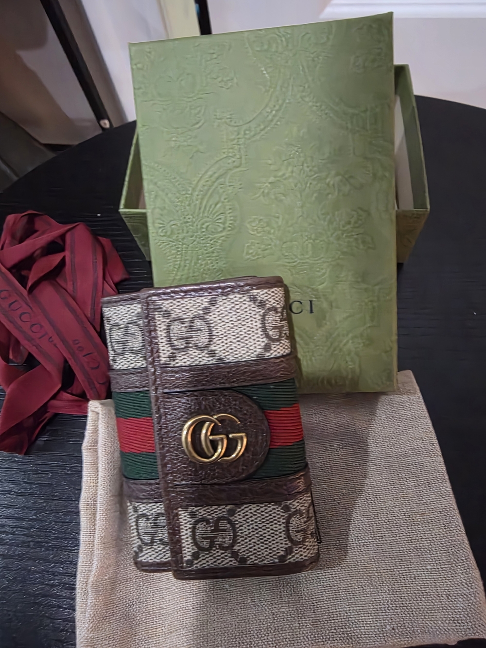 LIKE New CONDITION Gucci GG Supreme Key Case in Brown with Red & Green Stripe